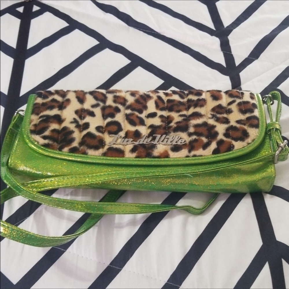 Lux De Ville Green Glitter and animal fur bag